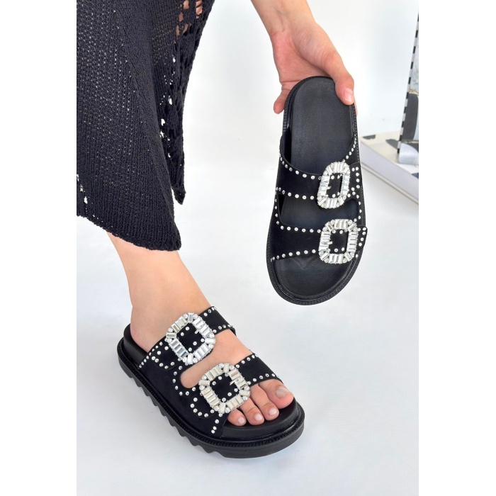 Juana Siyah Nubuk Taşlı Terlik -