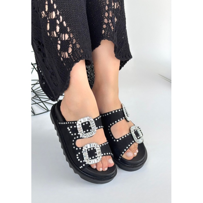 Juana Siyah Nubuk Taşlı Terlik -