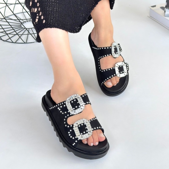 Juana Siyah Nubuk Taşlı Terlik -