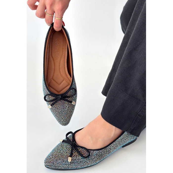 Sarra Siyah Saten İşlemeli Babet Ayakkabı -