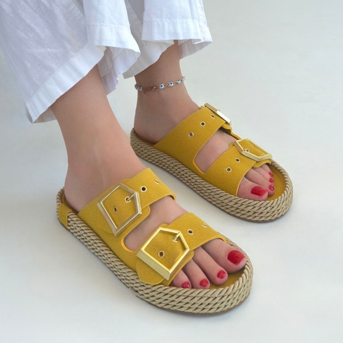 Loera Sarı Nubuk Çift Tokalı Terlik -