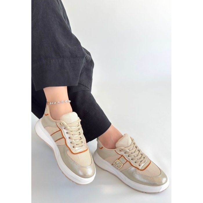 Tanwe Bej Cilt Bağcıklı Spor Ayakkabı -