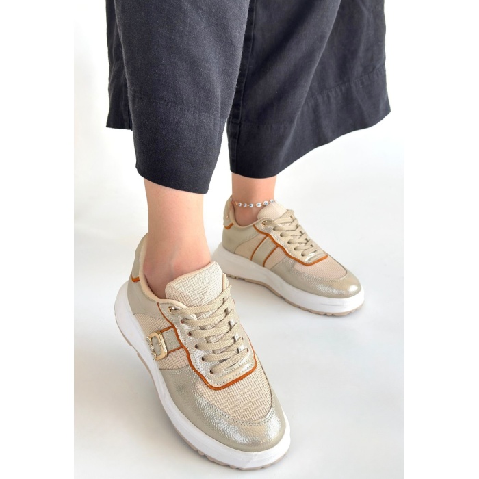 Tanwe Bej Cilt Bağcıklı Spor Ayakkabı -