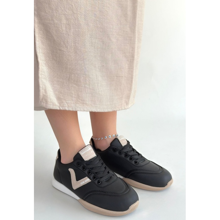 Jowen Siyah Cilt Bej Detaylı Bağcıklı Spor Ayakkabı -