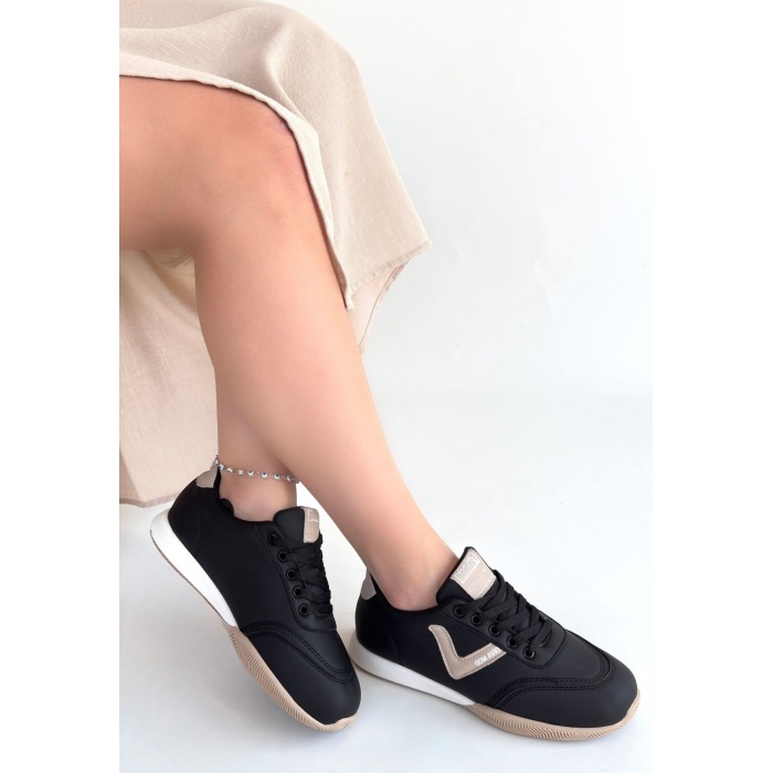 Jowen Siyah Cilt Bej Detaylı Bağcıklı Spor Ayakkabı -