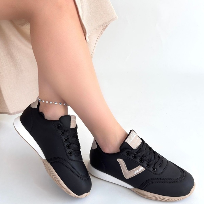 Jowen Siyah Cilt Bej Detaylı Bağcıklı Spor Ayakkabı -