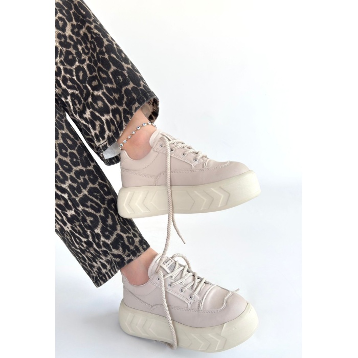 Emwa Bej Cilt Bağcıklı Spor Ayakkabı -