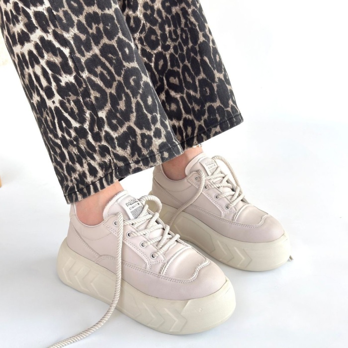 Emwa Bej Cilt Bağcıklı Spor Ayakkabı -