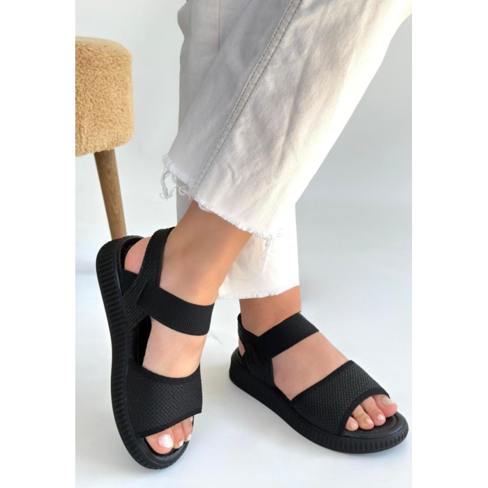 Jake Siyah Hasır Cilt Sandalet -