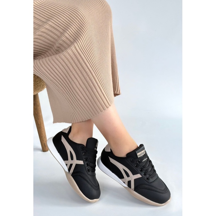 Zlay Siyah Cilt Bej Detaylı Bağcıklı Spor Ayakkabı -