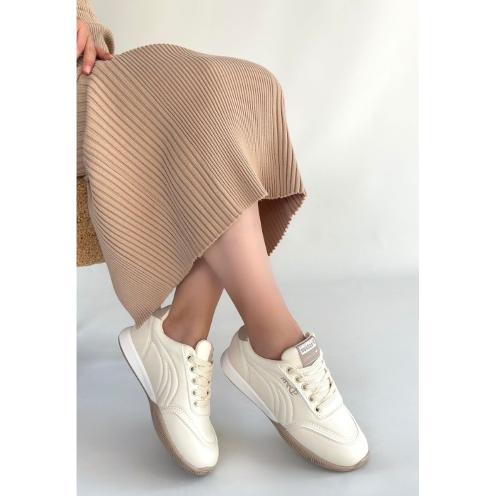 Tawen Bej Cilt Bağcıklı Spor Ayakkabı -