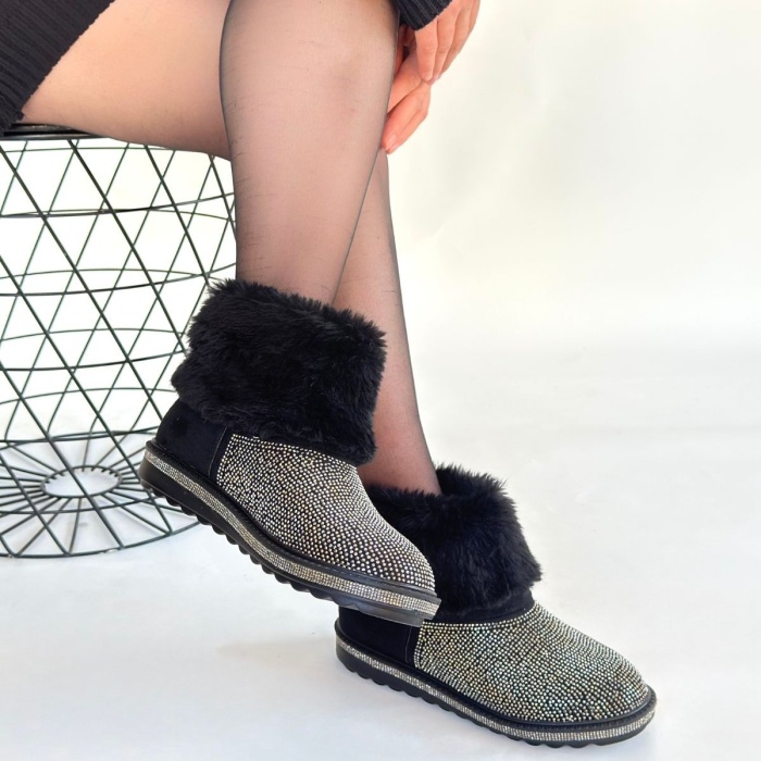 Linka Siyah Süet Gümüş Boncuk İşlemeli Bot -