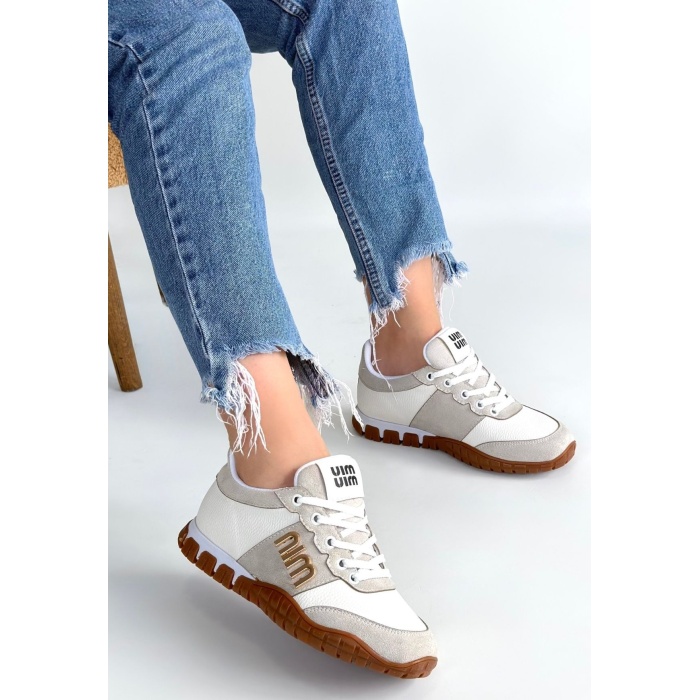 Marje Beyaz Cilt Bağcıklı Spor Ayakkabı -