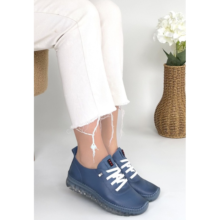 Jiten Mavi Deri Bağcıklı Spor Ayakkabı -