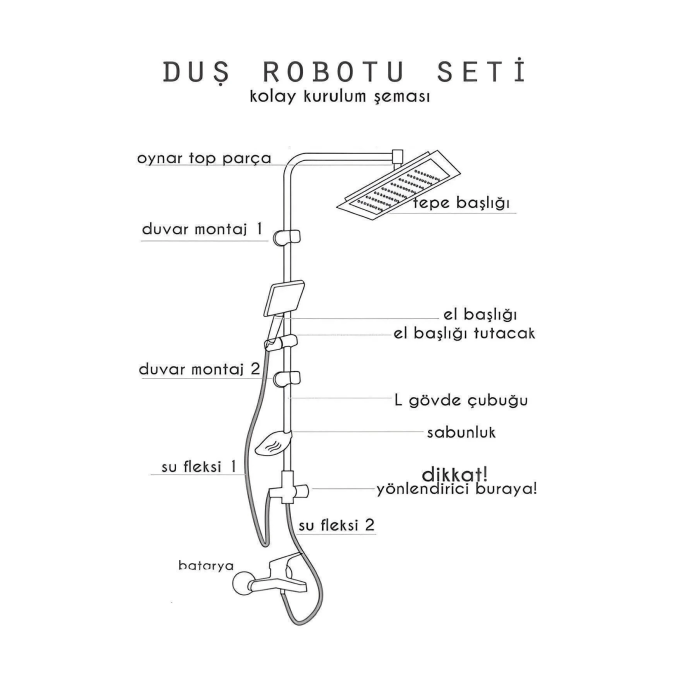 Robot Tepe Duş Sistemi Yağmurlama Duş Seti Krom Siyah Kare