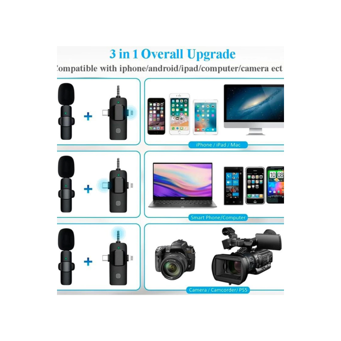 Yüksek Kalite Profesyonel 3 In 1 Kablosuz Taşınabilir Yaka Mikrofonu Youtube Facebook Tiktok -