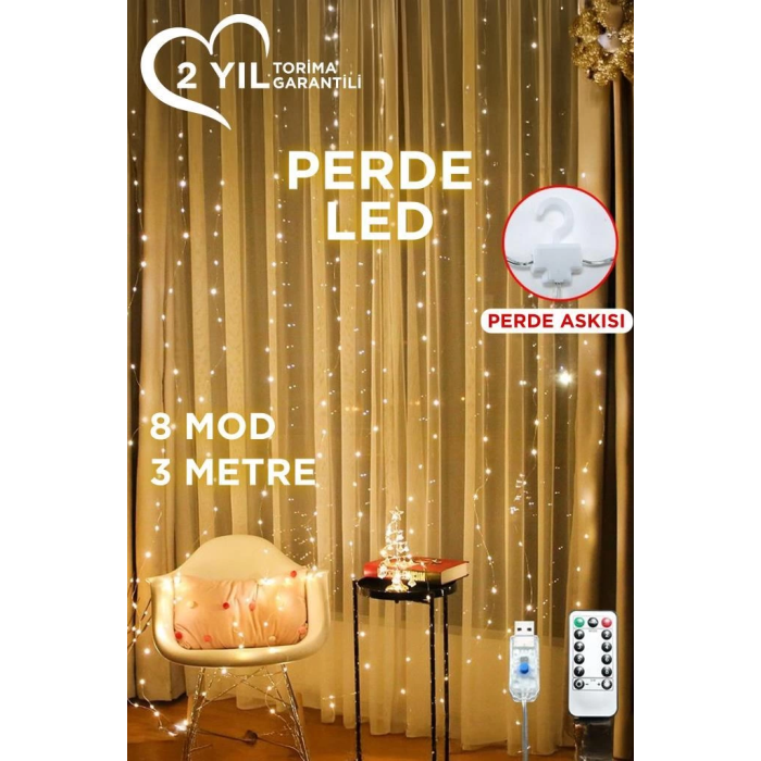 Lw-7 300 Ledli 10 Sarkıt Perde Led Işık, 8 Modlu Uzaktan Kumandalı, 3x3 Metre Peri Telli Led -