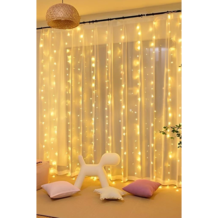 Lw-7 300 Ledli 10 Sarkıt Perde Led Işık, 8 Modlu Uzaktan Kumandalı, 3x3 Metre Peri Telli Led -