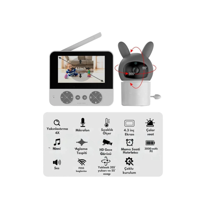 Bebek Kamerası Kumandalı Monitörlü Karşılıklı Konuşma Özellikli , Hatırlatıcılı Ip Bebek Kamerası -