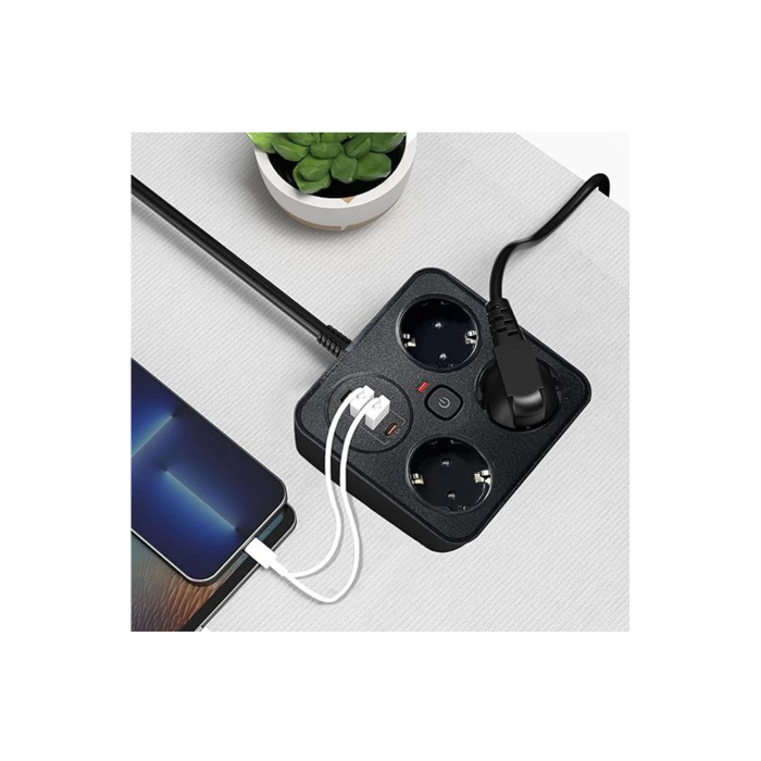 Akım Korumalı Anahtarlı Priz - 3x Priz - 2x Usb - 2x Type-c - 2 Mt Kablo Hızlı Şarj Özellikli Siyah -