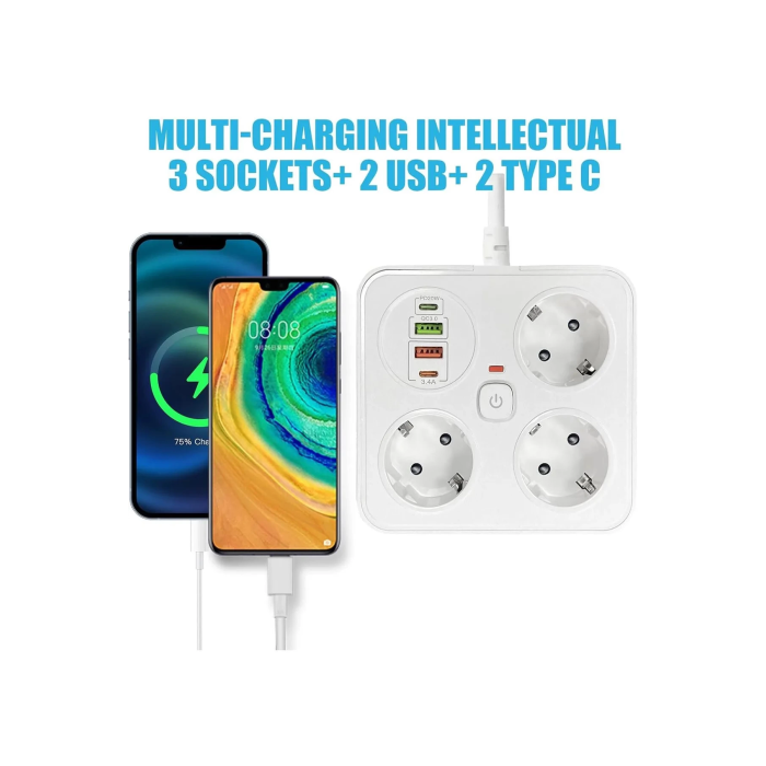 Akım Korumalı Anahtarlı Priz - 3x Priz - 2x Usb - 2x Type-c - 2 Mt Kablo Hızlı Şarj Özellikli Siyah -