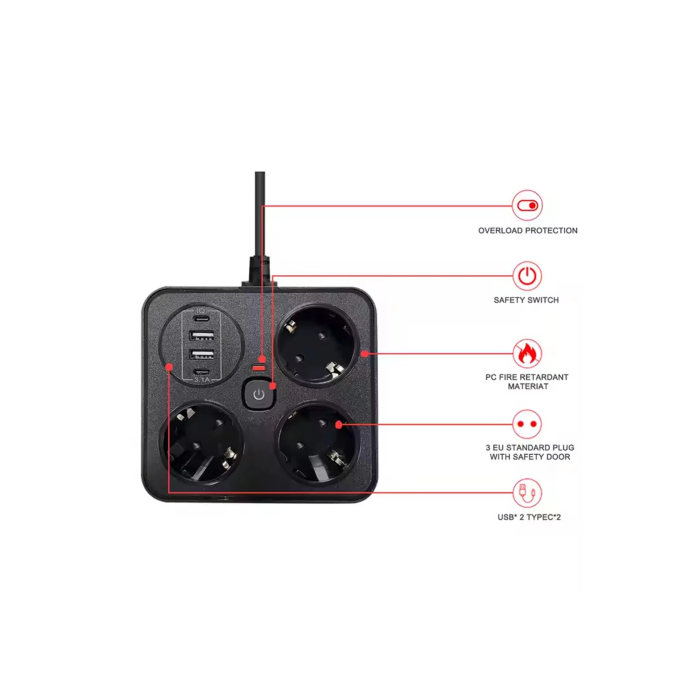 Akım Korumalı Anahtarlı Priz - 3x Priz - 2x Usb - 2x Type-c - 2 Mt Kablo Hızlı Şarj Özellikli Siyah -
