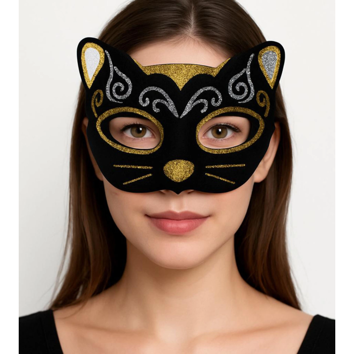 Kadife Dokulu Sim Detaylı Işıltılı Kedi Maskesi Altın Gümüş 20x13 Cm -