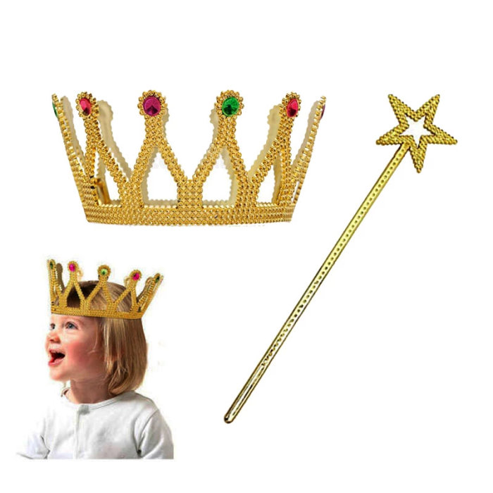 Çocuk Boy Kraliçe Prenses Tacı Ve Yıldız Peri Asası Altın Renk -