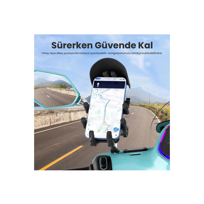 Ayna Bağlantılı Güneş Ve Yağmur Korumalı 360° Derece Ayarlanabilir Motosiklet Telefon Tutucu -