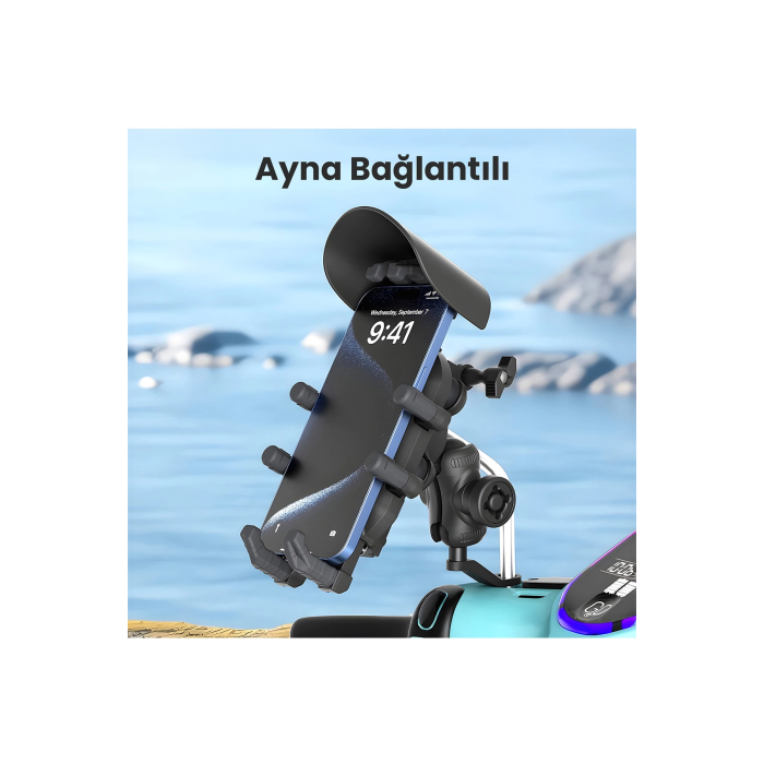 Ayna Bağlantılı Güneş Ve Yağmur Korumalı 360° Derece Ayarlanabilir Motosiklet Telefon Tutucu -