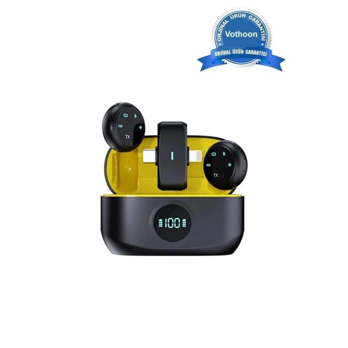 Kablosuz Profesyonel İkili Yayın Yaka Mikrofonu Şarj Kutu Mıknatıslı Typce Lightning Çıkış Mikrofon -