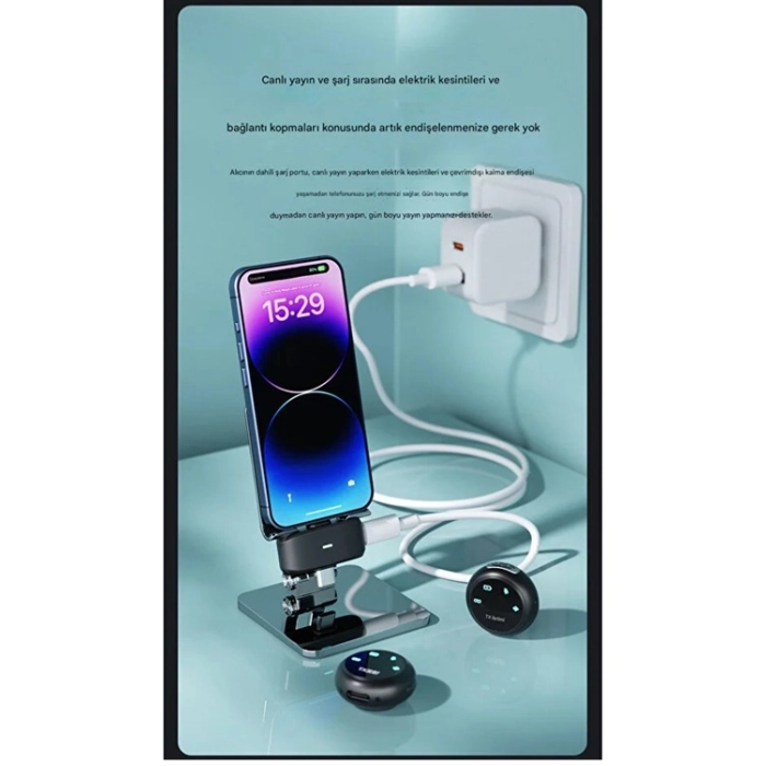 Kablosuz Profesyonel İkili Yayın Yaka Mikrofonu Şarj Kutu Mıknatıslı Typce Lightning Çıkış Mikrofon -