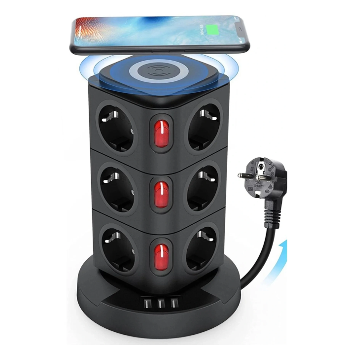 Termal Akım Korumalı Isıya Dayanıklı 3 Usb 12 Priz Ve Kablosuz Kablosuz Şarj 2.4 Amper Kablolu Priz -