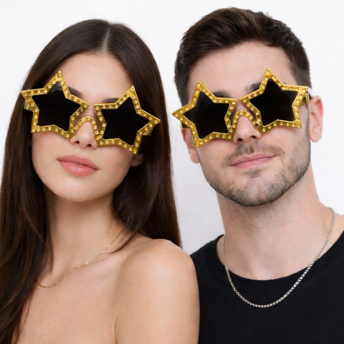 Altın Renk Disko Yıldızı Retro Parti Gözlüğü 16x7 Cm -
