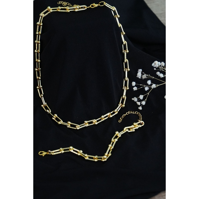 Gold Renk Kadın Kalın Zincir Takı Seti Kolye ve Bileklik 2li