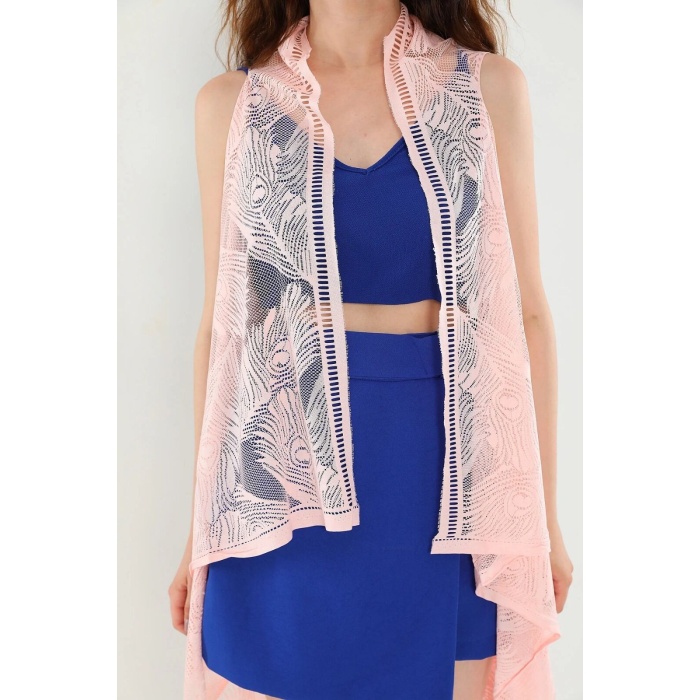 Pareo Dantel Yelek Mayo Bikini Üzeri Yaprak Desenli Püsküllü Plaj Elbisesi - Açık Pembe -