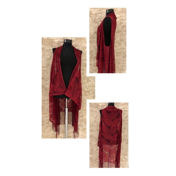 Pareo Dantel Yelek Mayo Bikini Üzeri Yaprak Desenli Püsküllü Plaj Elbisesi - Bordo -