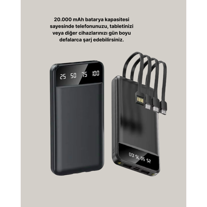20.000 mAh 4 Çıkışlı LED Göstergeli Hızlı Şarj Powerbank -