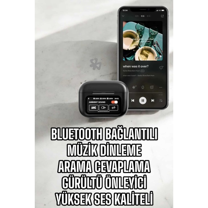 Kablosuz Bluetooth Kulaklık Ekranlı Uzun Şarj Süreli ANC Destekli -