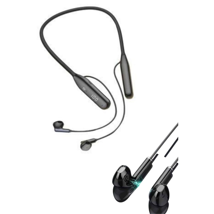 100 Saat Kablolu Boyun Askılı Dijital Göstergeli Bluetooth Kulaklığı -