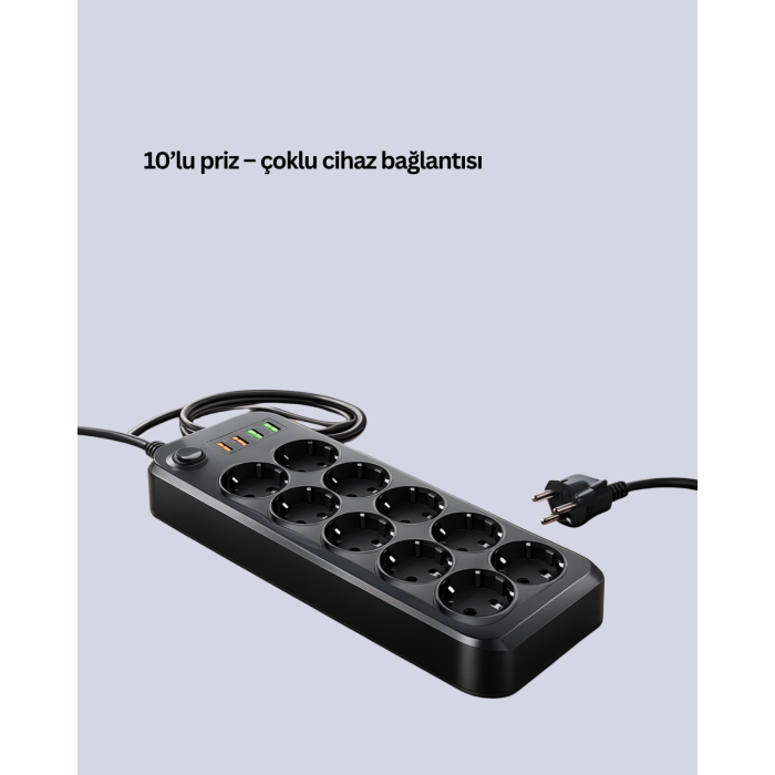 10’lu Çoklu Priz Termal Korumalı USB Type-C Çıkışlı 2500W Uzatma Kablosu -