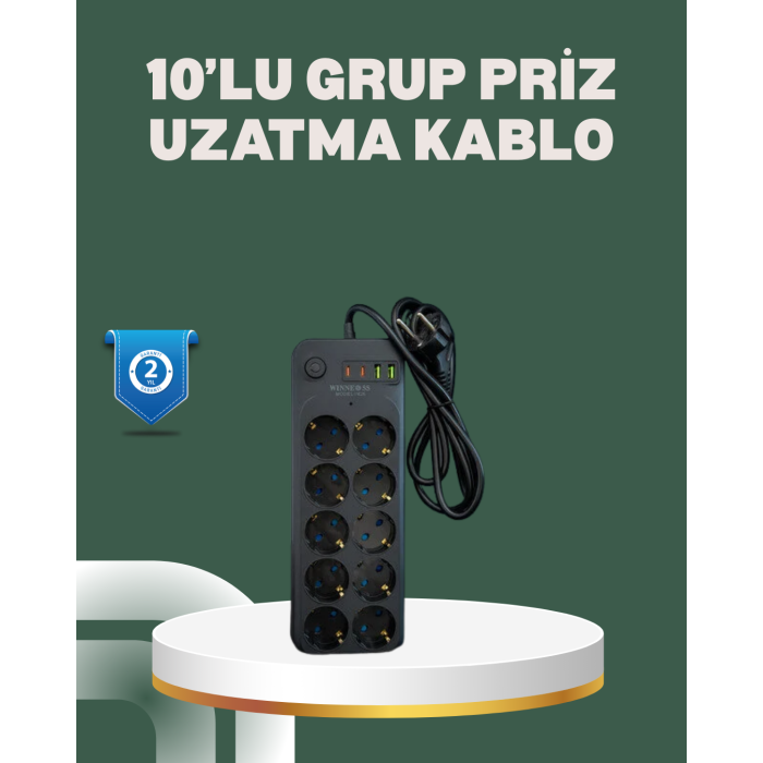 Termal Koruma Sistemli USB Type-C 10’lu Grup Priz 2m 2500W Güç Kapasiteli -