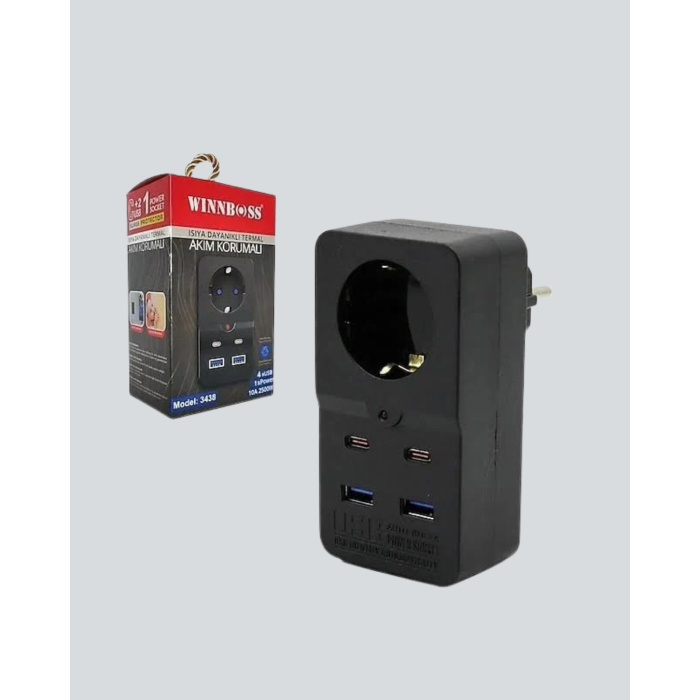 Isıya Dayanıklı PC Gövdeli Akım Korumalı Priz 4 USB -