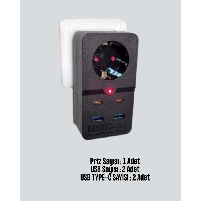 Tip Akım Koruma Prizi 10A 2500W USB Type C Destekli -