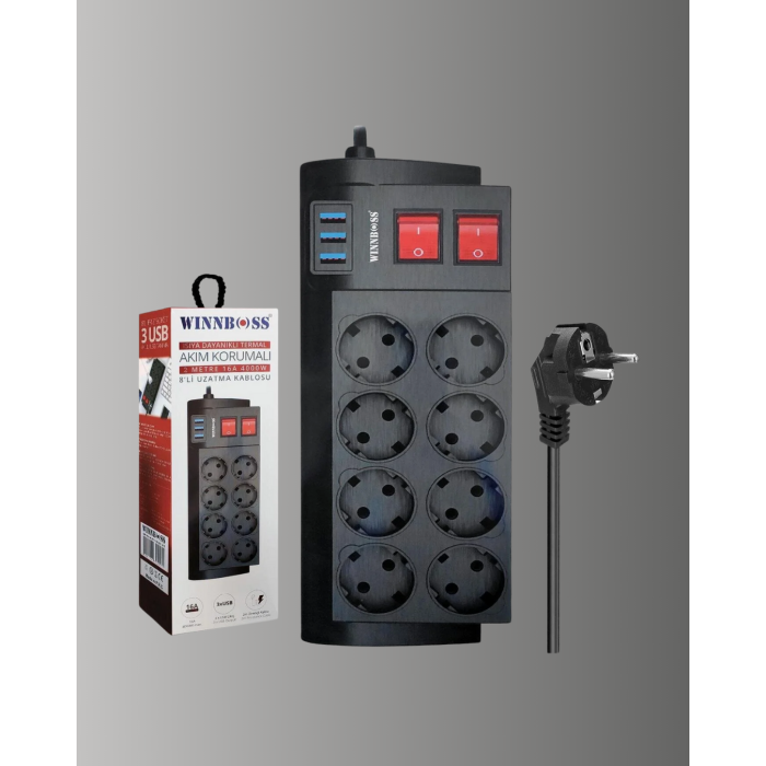 Güçlü Termal Korumalı 8 Priz + 3 USB Çoklu Uzatma Kablosu 2m -