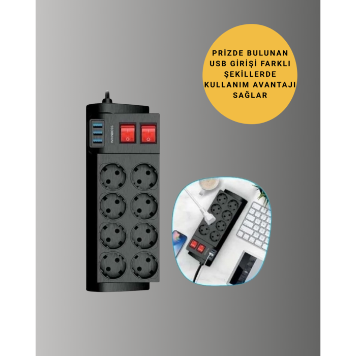 Güçlü Termal Korumalı 8 Priz + 3 USB Çoklu Uzatma Kablosu 2m -