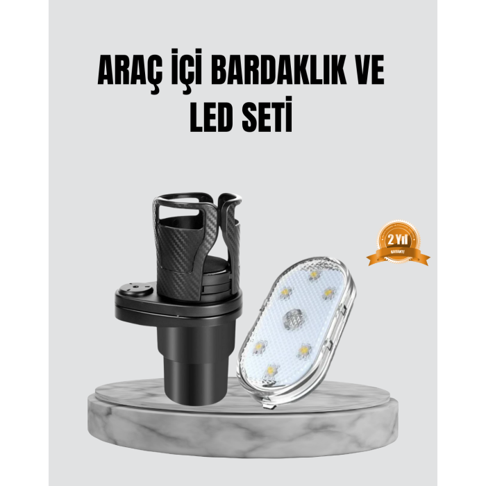 360° Döner Çiftli Bardak Tutucu ve Kablosuz Ambiyans LED Işık Araç Seti -