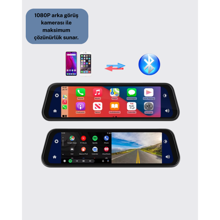 10 İnç Tam Dokunmatik Dikiz Aynası Kamera Ön Arka Full HD -