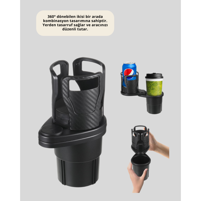 Araba Çift Bardak Tutucu 360° Dönebilen İkisi Bir Arada Ayarlanabilir -