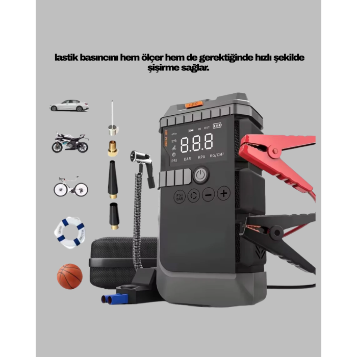 Şarjlı 12000 mAh Araç Akü Takviye ve Hava Kompresörü 4’ü 1 Arada -